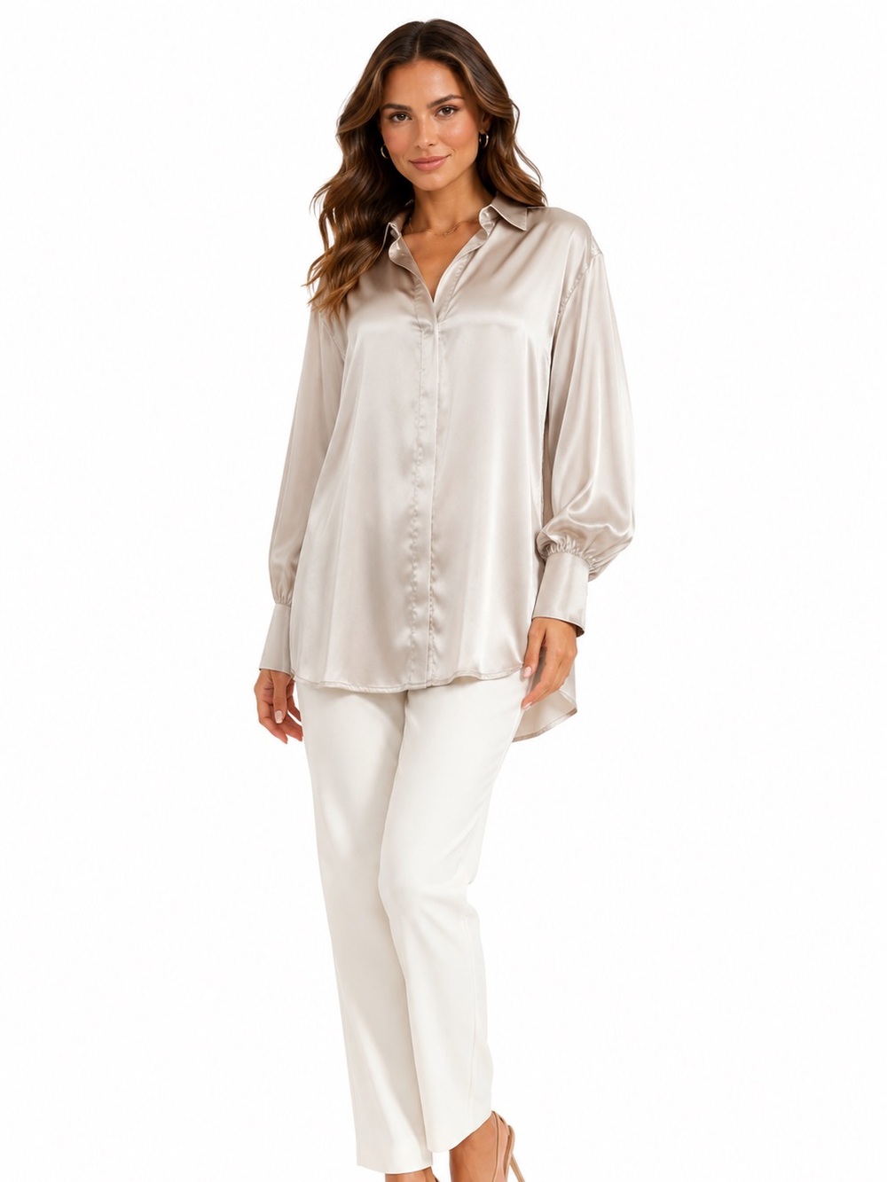 Lulus | Satin Poplin Button Down Blouse | Champaign | Small
